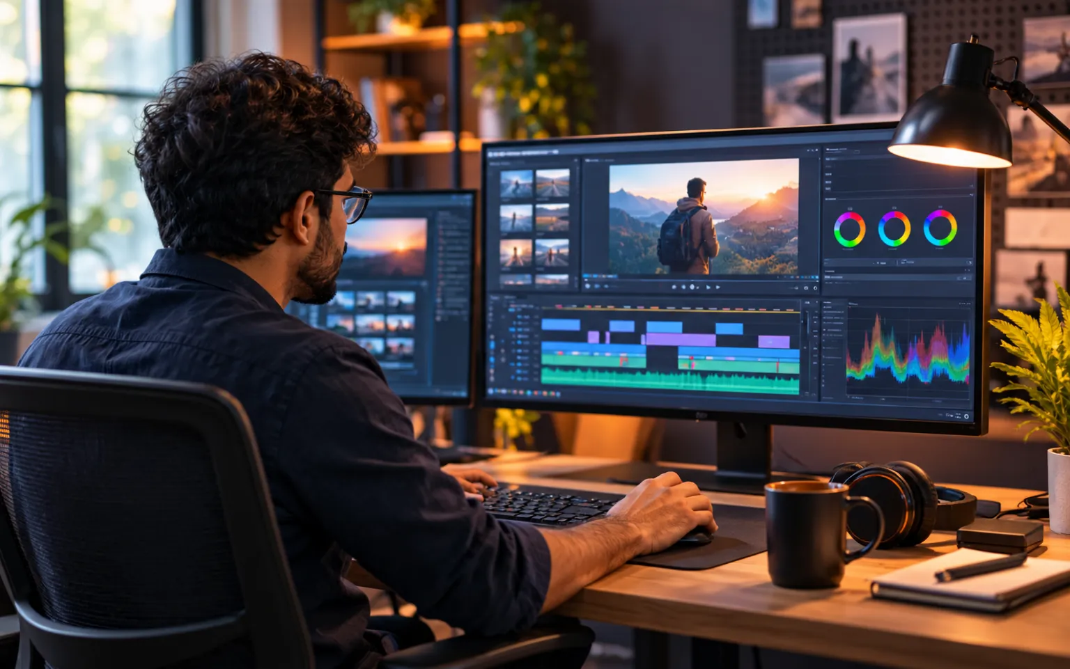 Video editor working on content at an editing station