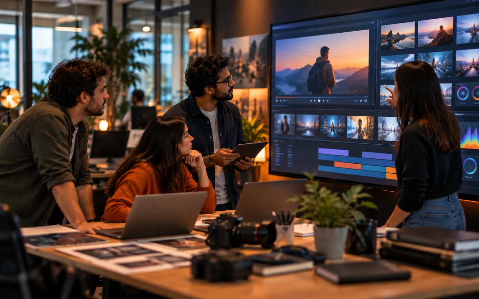 Editorial team reviewing content in a modern newsroom
