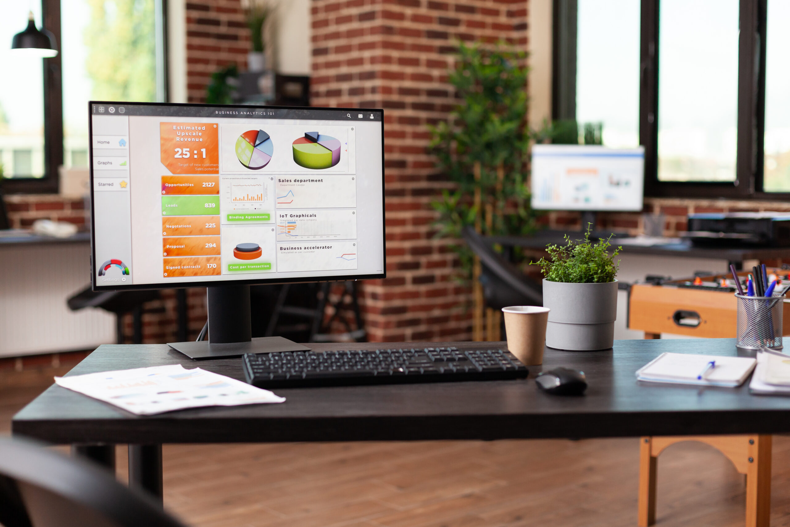 Empty business office with computer and instruments on desk