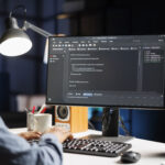 IT specialist writing html script binary code for database security