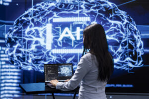 Programmer analyzing complex AI brain models on laptop, running simulations