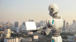 Robot using a laptop computer with blank screen in city, artificial intelligence in futuristic technology concept, 3d illustration
