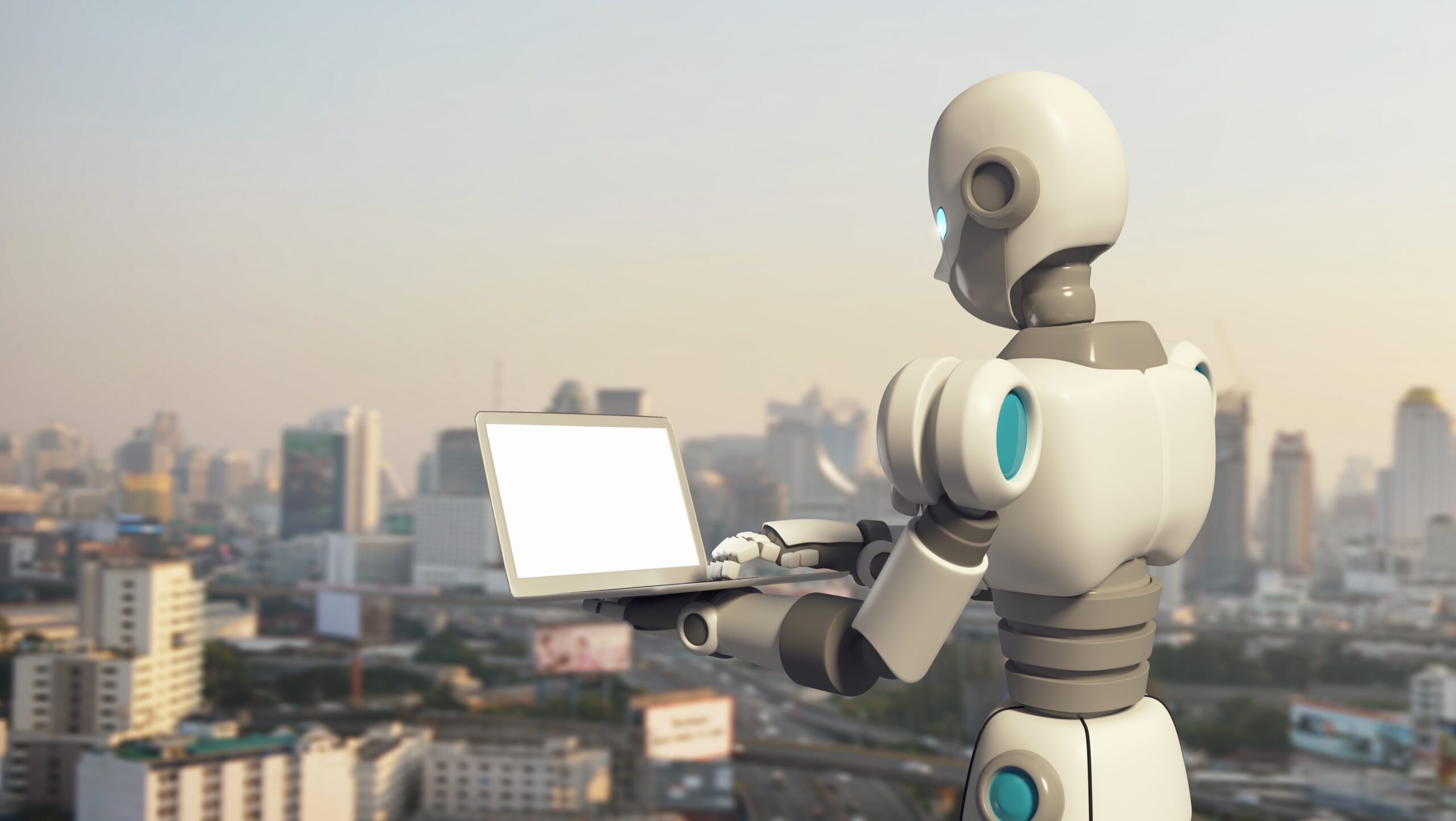 Robot using a laptop computer with blank screen in city, artificial intelligence in futuristic technology concept, 3d illustration