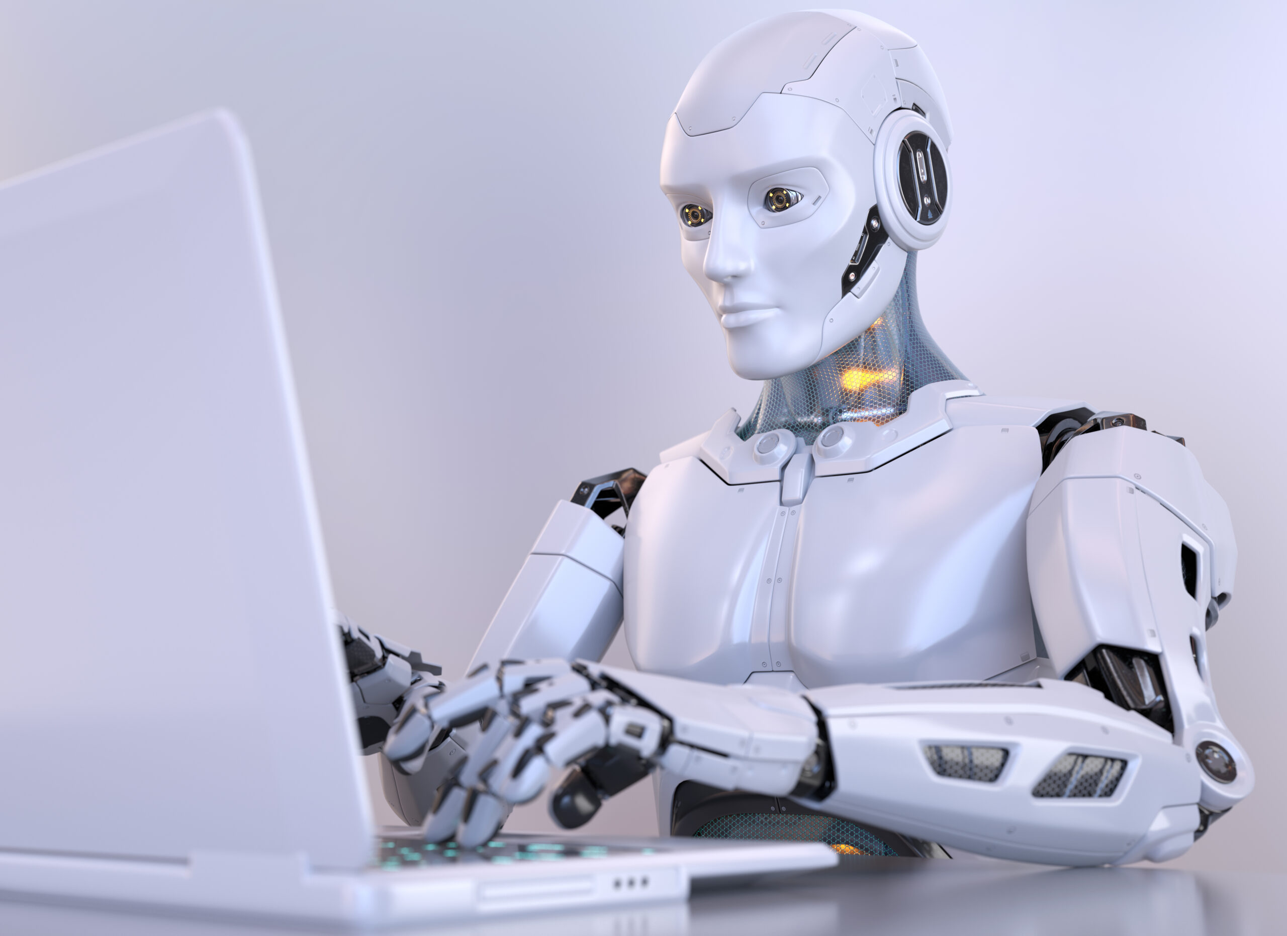 Robot working with laptop. 3D illustration