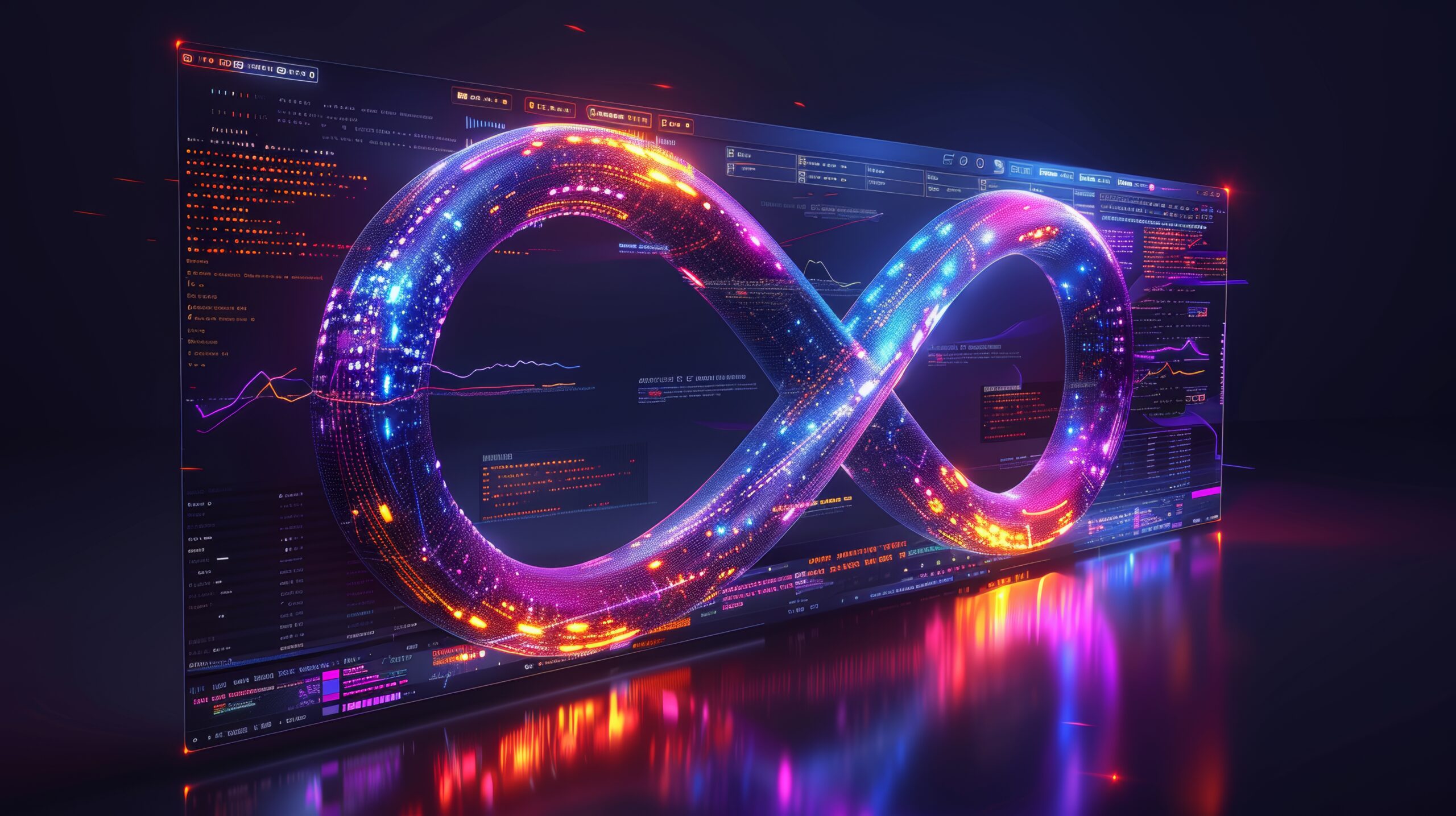 A modern illustration of software development operations infinity symbol. Programmer administrative system life cycle quality. Testing and monitoring coding process. Data flow modern illustration.