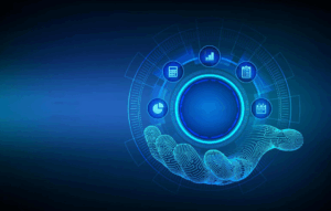 predictive-analytics-icon-in-wireframe-hand-big-data-analysis-business-intelligence-technology-concept-on-virtual-screen-machine-learning-ai-illustration-vector